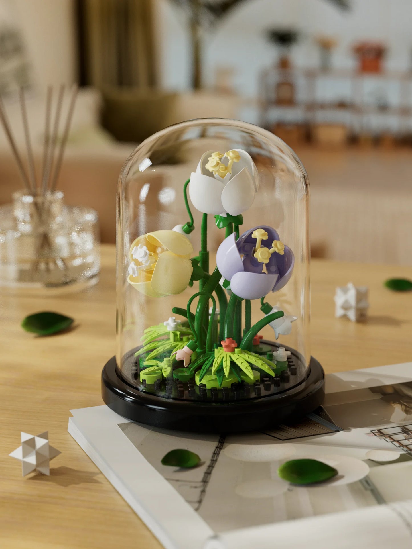 Fleurs éternelles sous cloche